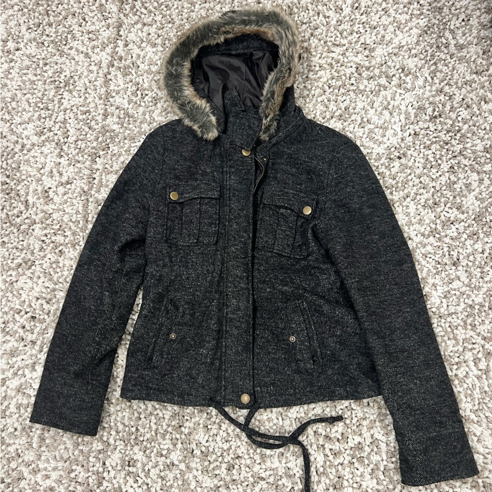 DROPPED PRICE//Charcoal, removable hood, zip up utility jacket with pockets